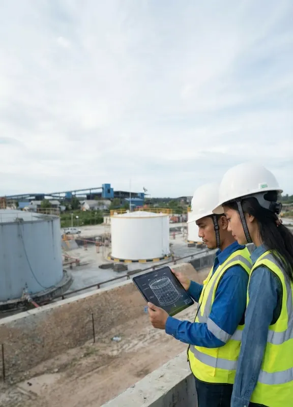 Engineering team conducting digital pre-construction simulation in the field as part of TDM's integrated EPC services excellence.