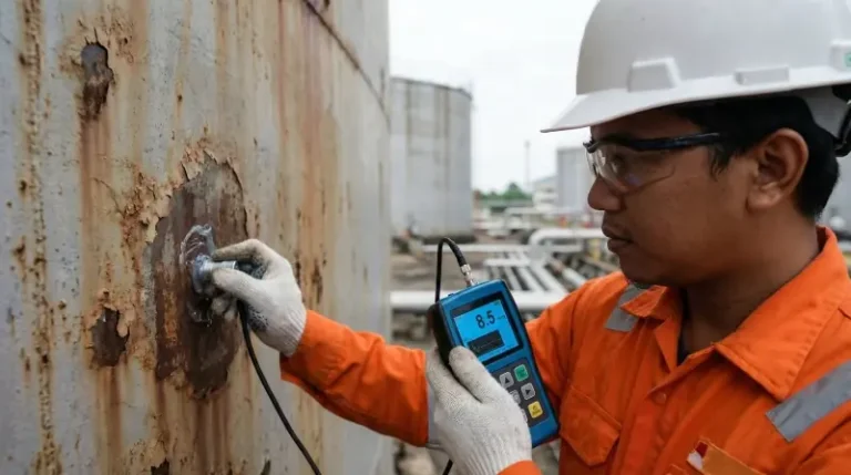 Proses inspeksi NDT ketebalan material untuk mencegah unplanned shutdown dalam layanan maintenance dan perawatan fasilitas.