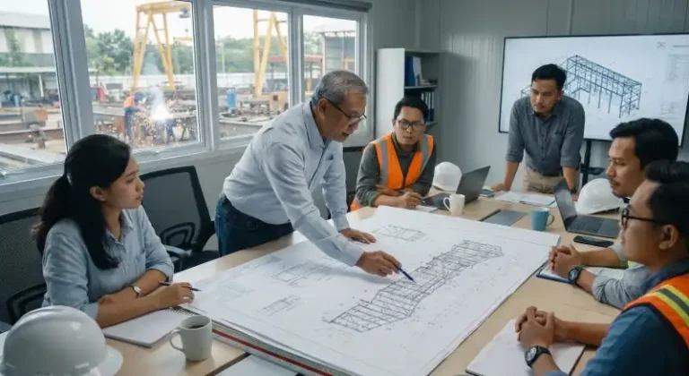 Expert team discussing technical engineering design documents to detect potential system clashing.